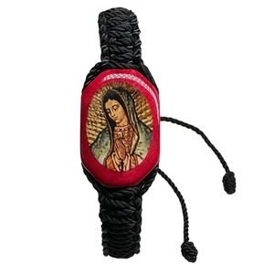 Our Lady of Guadalupe Bracelet Black Knotted Rope Red Wood Charm Adjustable NEW